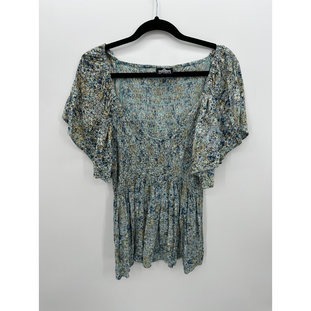 Angie Blue Floral Smocked Peplum Top Flutter Sleeve Rayon Boho Sz 2X Cottagecore